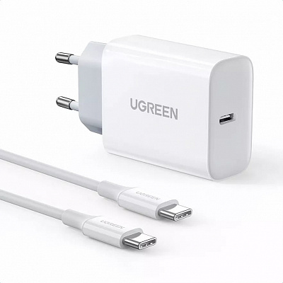 СЗУ UGREEN CD127 30W USB-C Fast Charger + кабель USB-C на USB-C, 2 м, белый