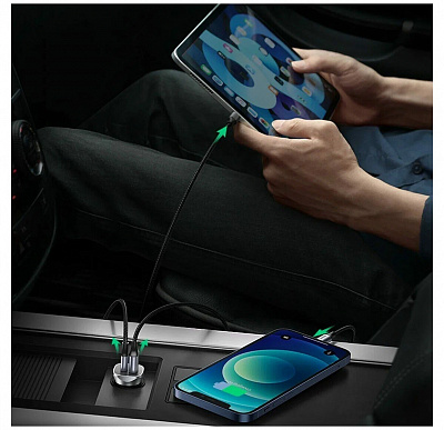 Автомобильное ЗУ UGREEN Car Charger With Dual USB Ports Single Extension Socket 20W, серебристый