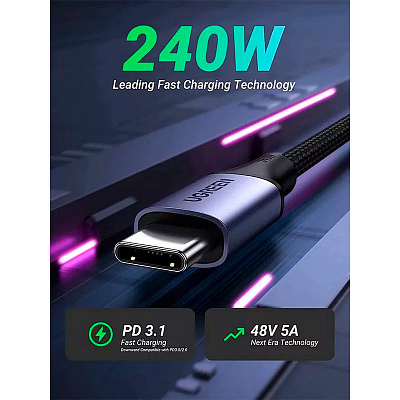 Кабель Ugreen US535 (15311) USB-C to USB-C 240WPD Fast Charging в оплетке, 1м, серый космос