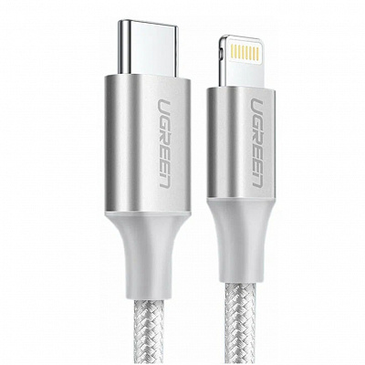 Кабель UGREEN US304 USB-C / Lightning Shell Braided, 1 м, серебристый