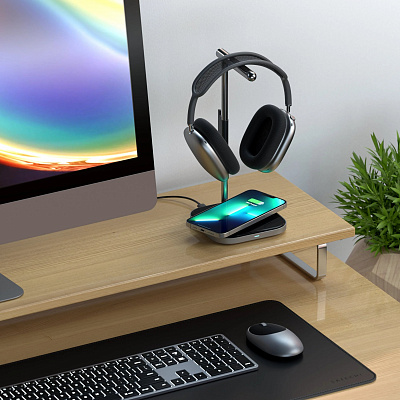 Подставка для наушников Satechi 2 в 1 Headphone Stand with Wireless Charger, "серый космос"