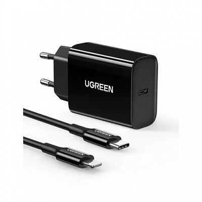 Адаптер питания UGREEN CD137 PD 20W Fast Charger Set MFi-certified EU + кабель USB-C - Lightning, 1 м