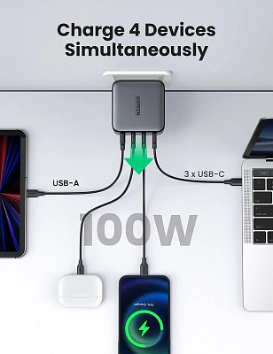 СЗУ UGREEN CD226 (40747) USB-A+3*USB-C 100W GaN Tech Fast Charger EU, черный
